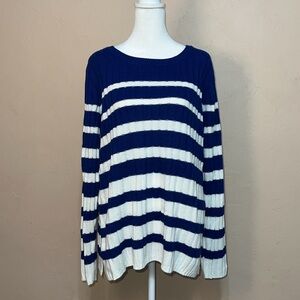 Kim Rogers Striped Crew Neck Sweater Blue and White Pullover Cozy Size Large